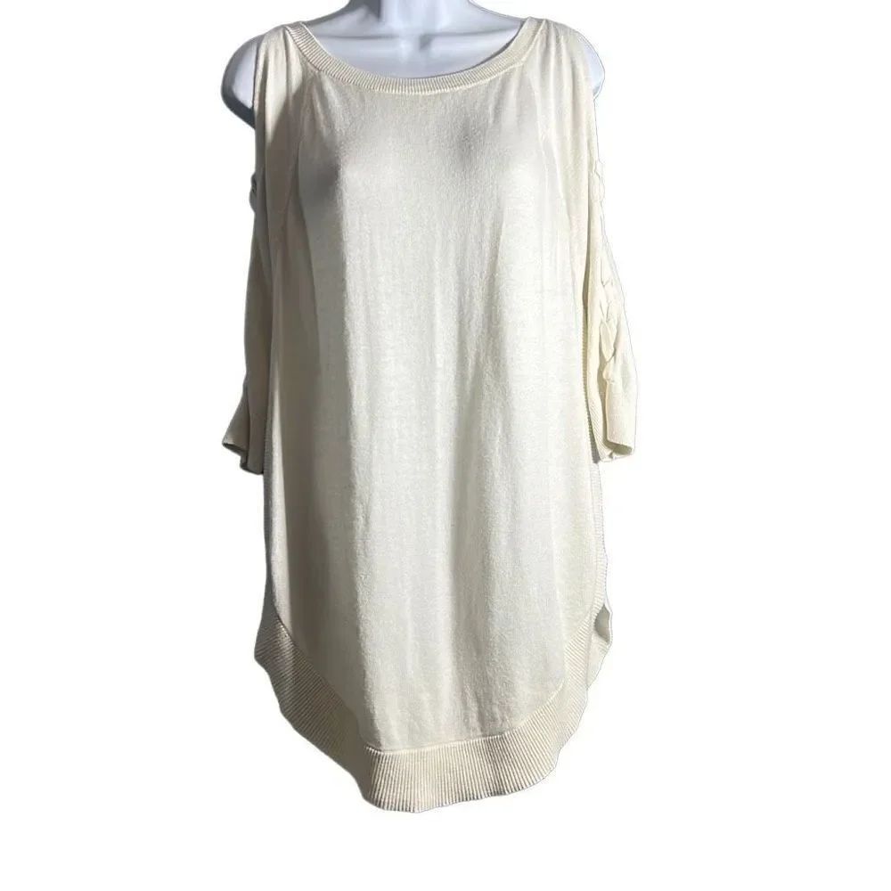 Express Cold Shoulder Rounded Hem Woven Sleeve Sweater Size S